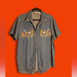 Bobbie Brooks Blue Denim Button Down Shirt with Floral Embroidery
